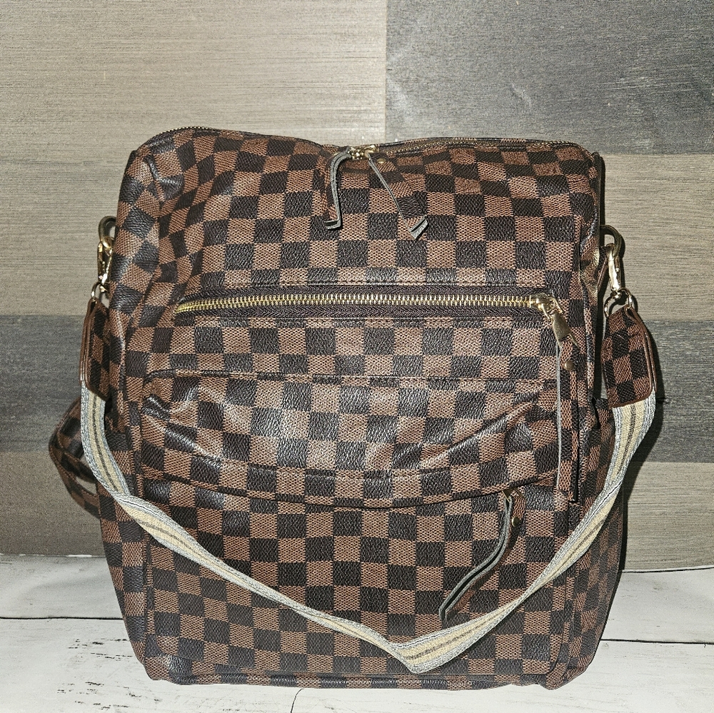 Brown Checkered Backpack